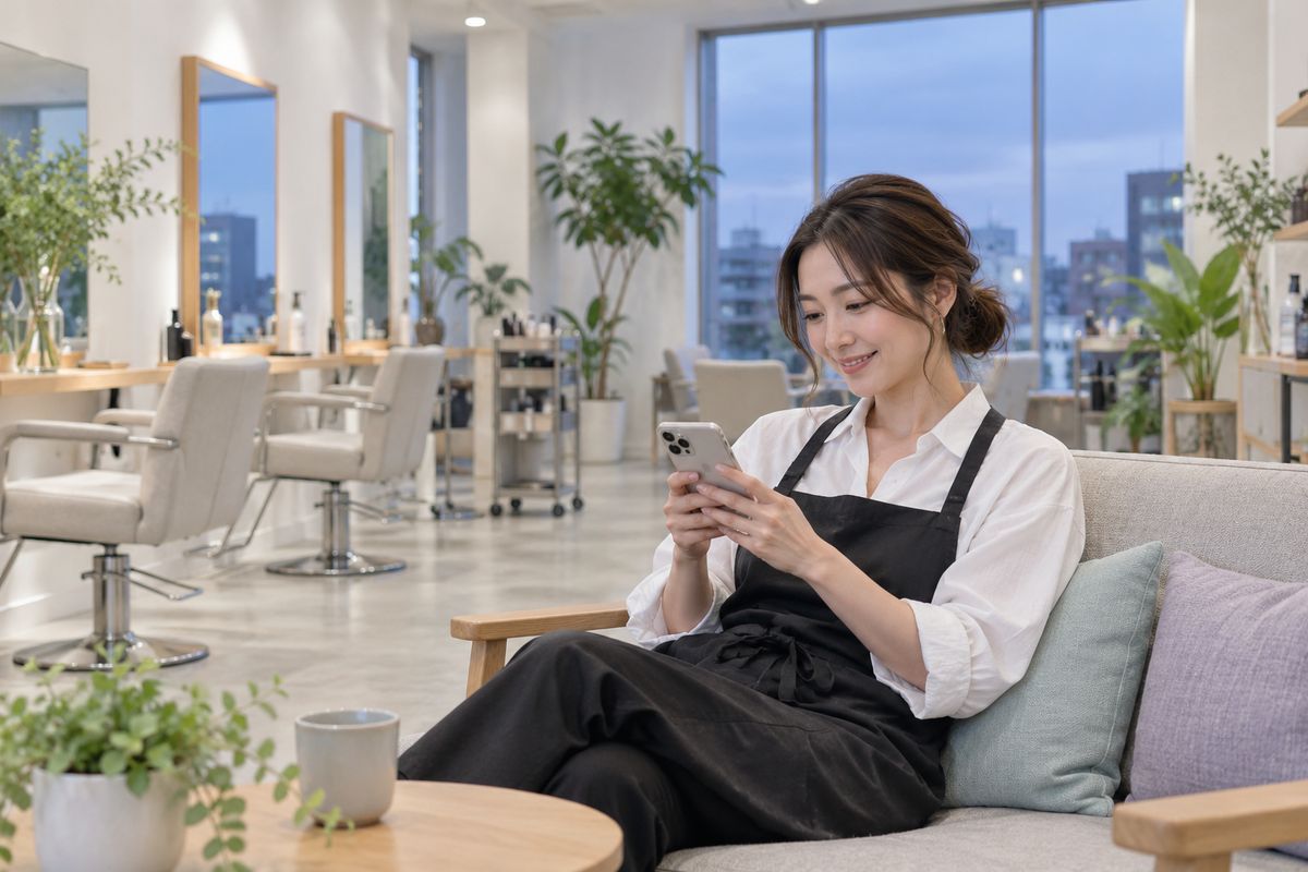 営業後のサロンで、スマートフォンから相談のメッセージを送るオーナーのイメージ