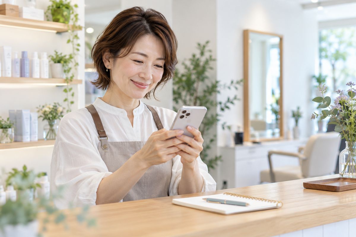受付カウンターでスマートフォンを使い、文章を作り終えてほっとするオーナーのイメージ