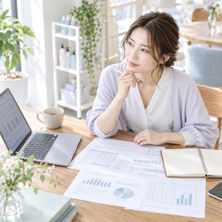 事業計画書と収支の資料を前に、開業の計画を考える女性のイメージ