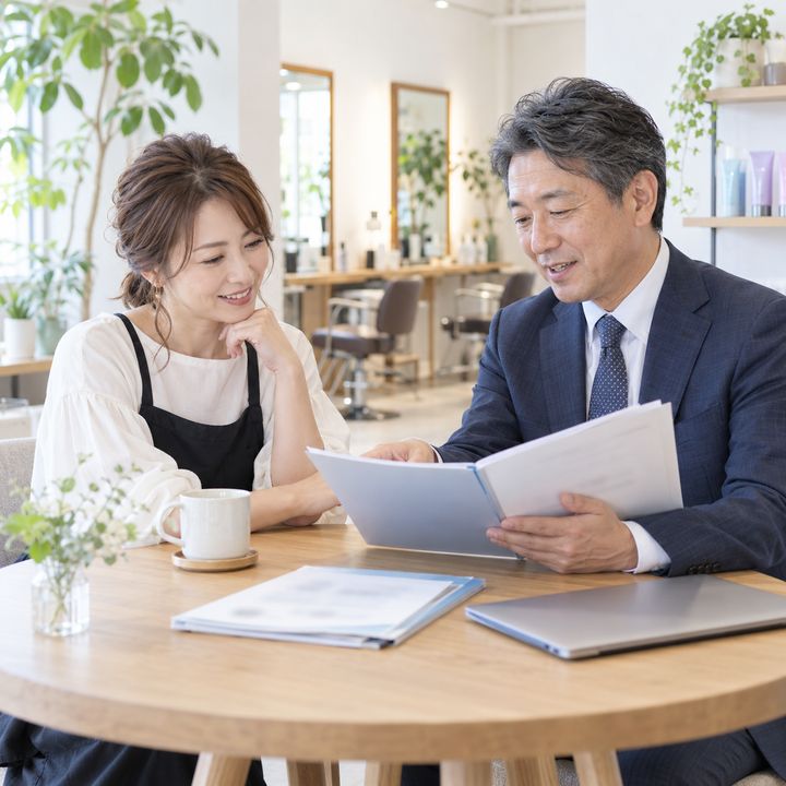 オーナーと社会保険労務士が就業規則の資料を確認するイメージ