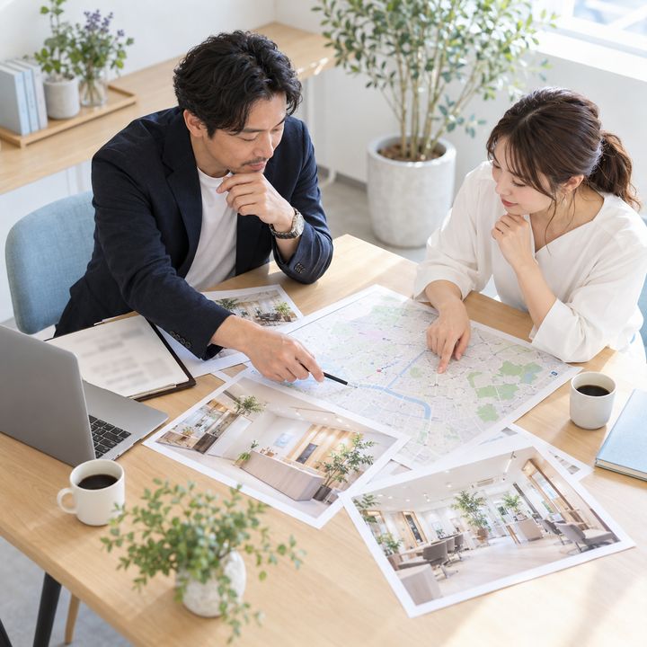 地図と店舗写真を広げて、次の出店先を話し合うイメージ