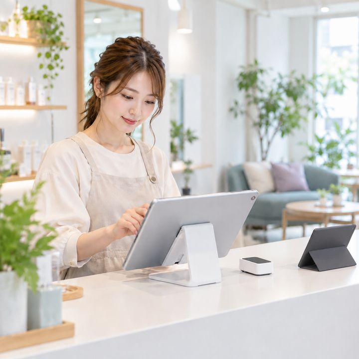 受付カウンターのタブレット型レジを操作するスタッフのイメージ