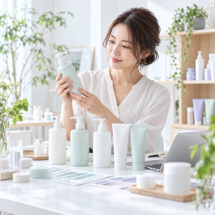 ラベルのない化粧品の試作品を手に取り、質感を確かめるイメージ