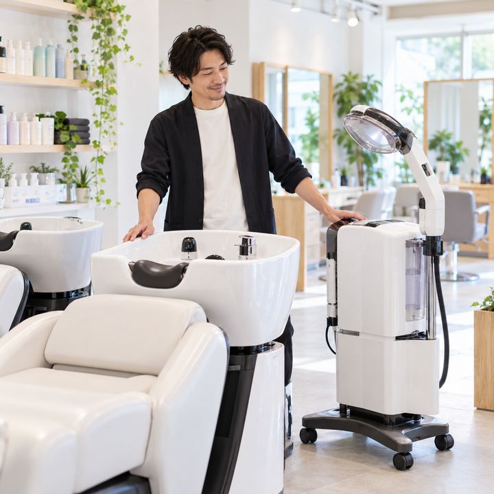 新しく導入したシャンプー台と設備を確かめるオーナーのイメージ