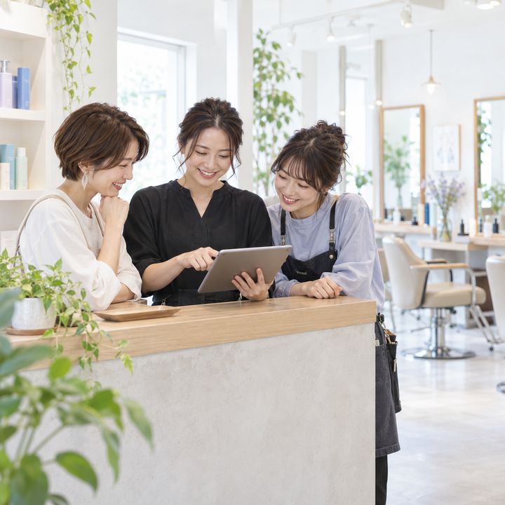 開店前にスタッフ3人がタブレットで予約を共有するイメージ